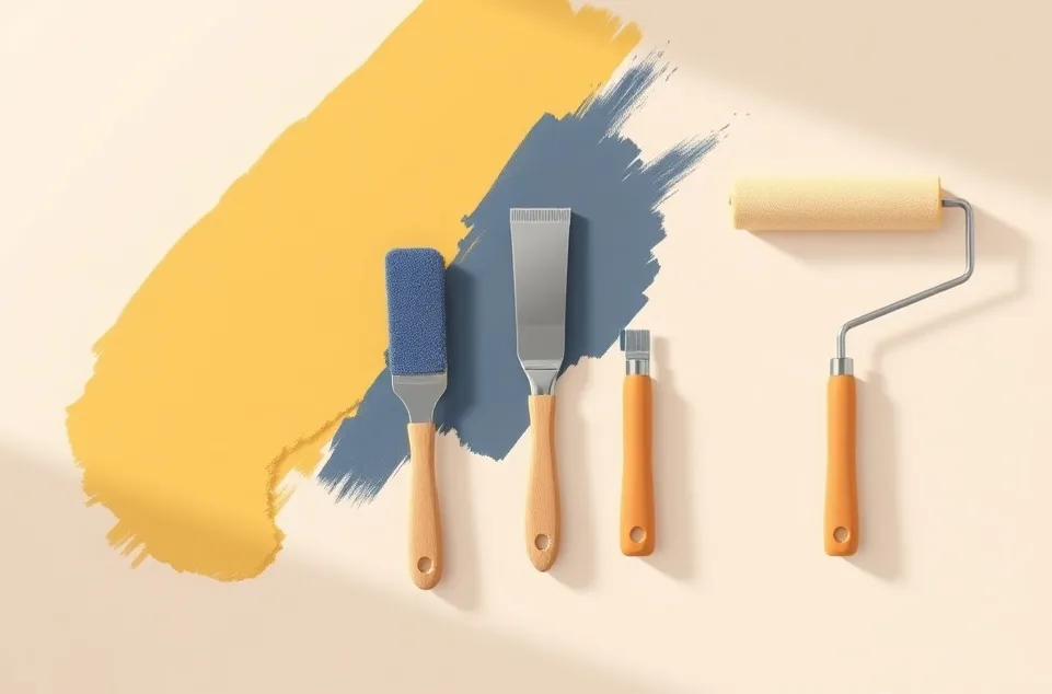 Outils de peinture disposés dans l'ordre des étapes du chantier