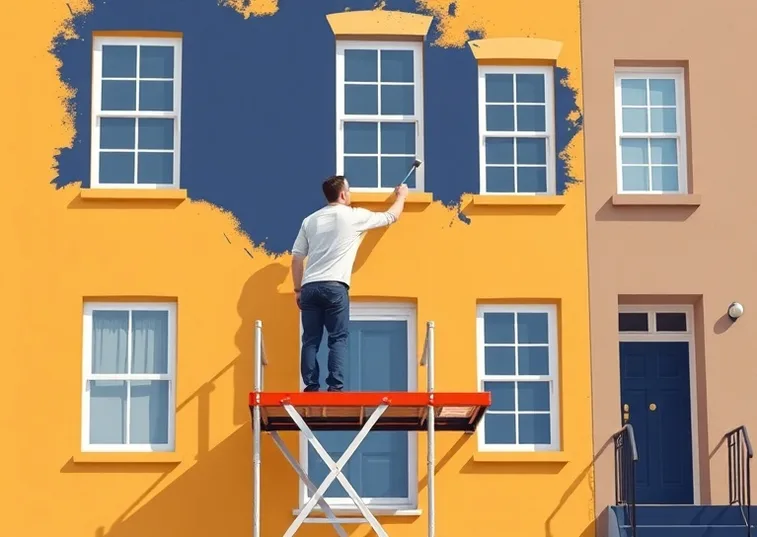 Peintre sur échafaudage traitant la façade d'une maison