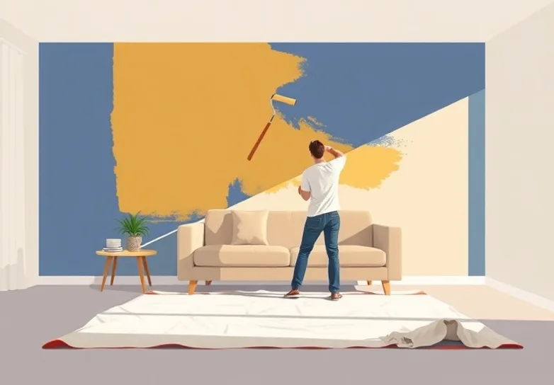 Peintre appliquant la peinture au rouleau sur un mur de salon